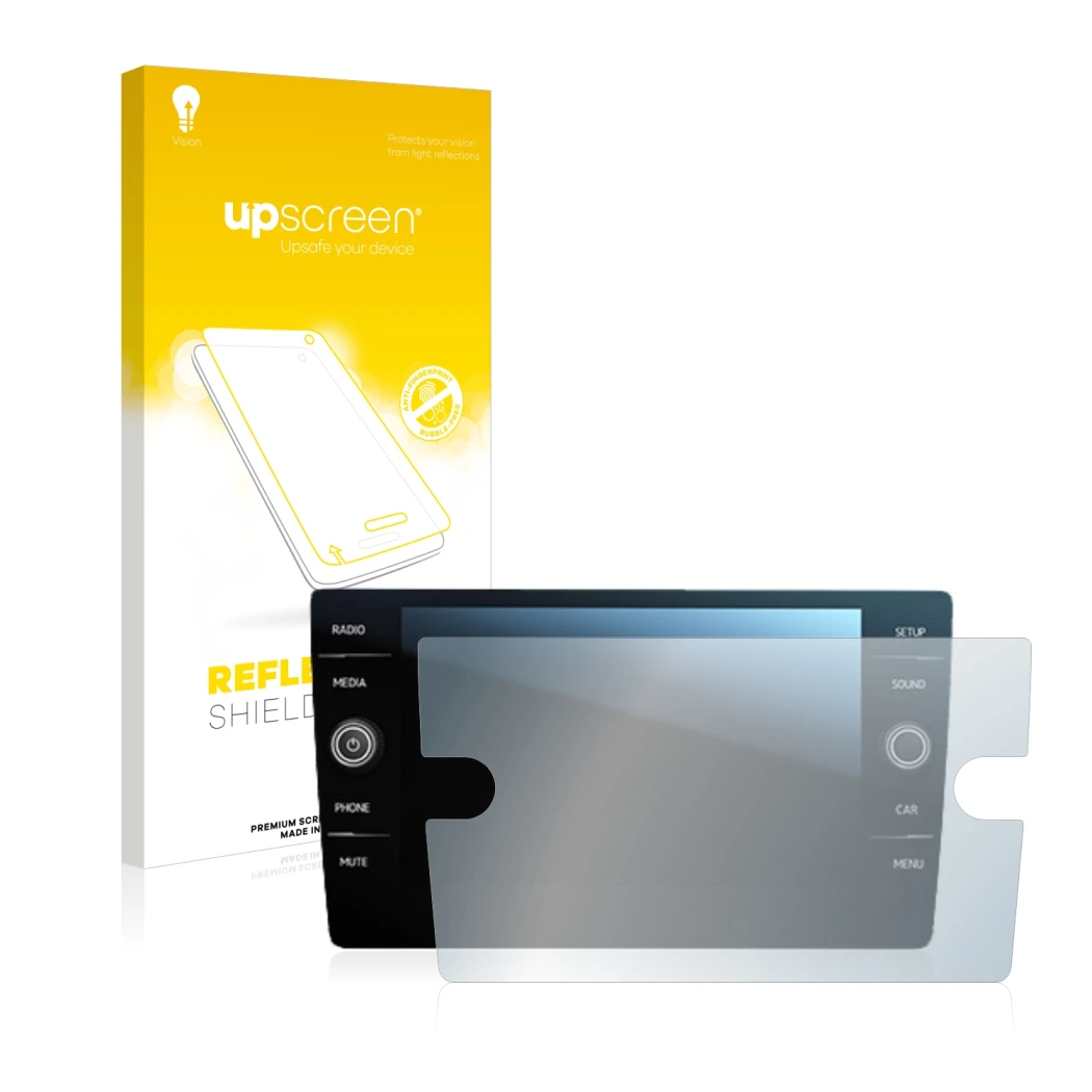 Face avant d’un emballage produit avec le logo de la marque upscreen. À côté, l’appareil Volkswagen Tiguan Discover Media 8