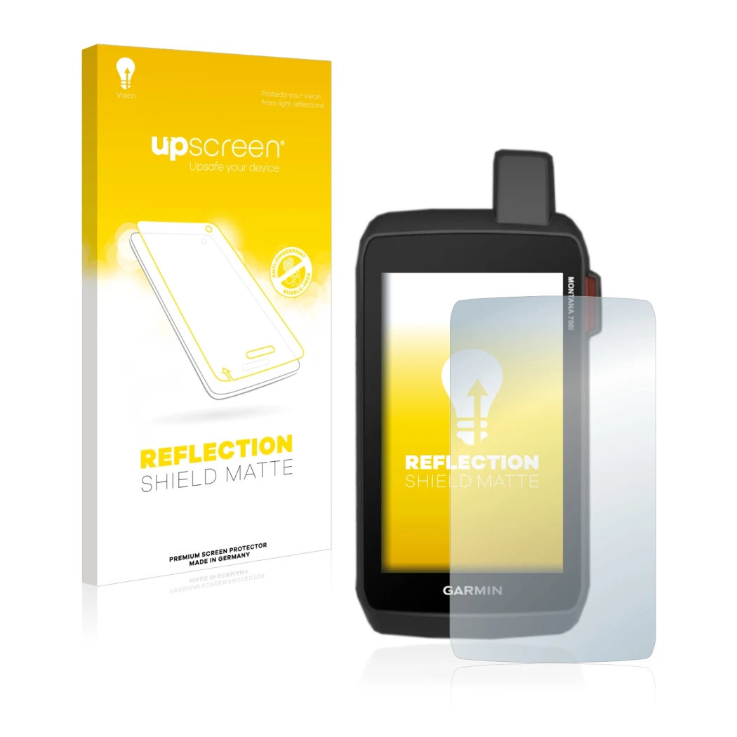 Face avant d’un emballage produit avec le logo de la marque upscreen. À côté, l’appareil Garmin Montana 750i est représenté av