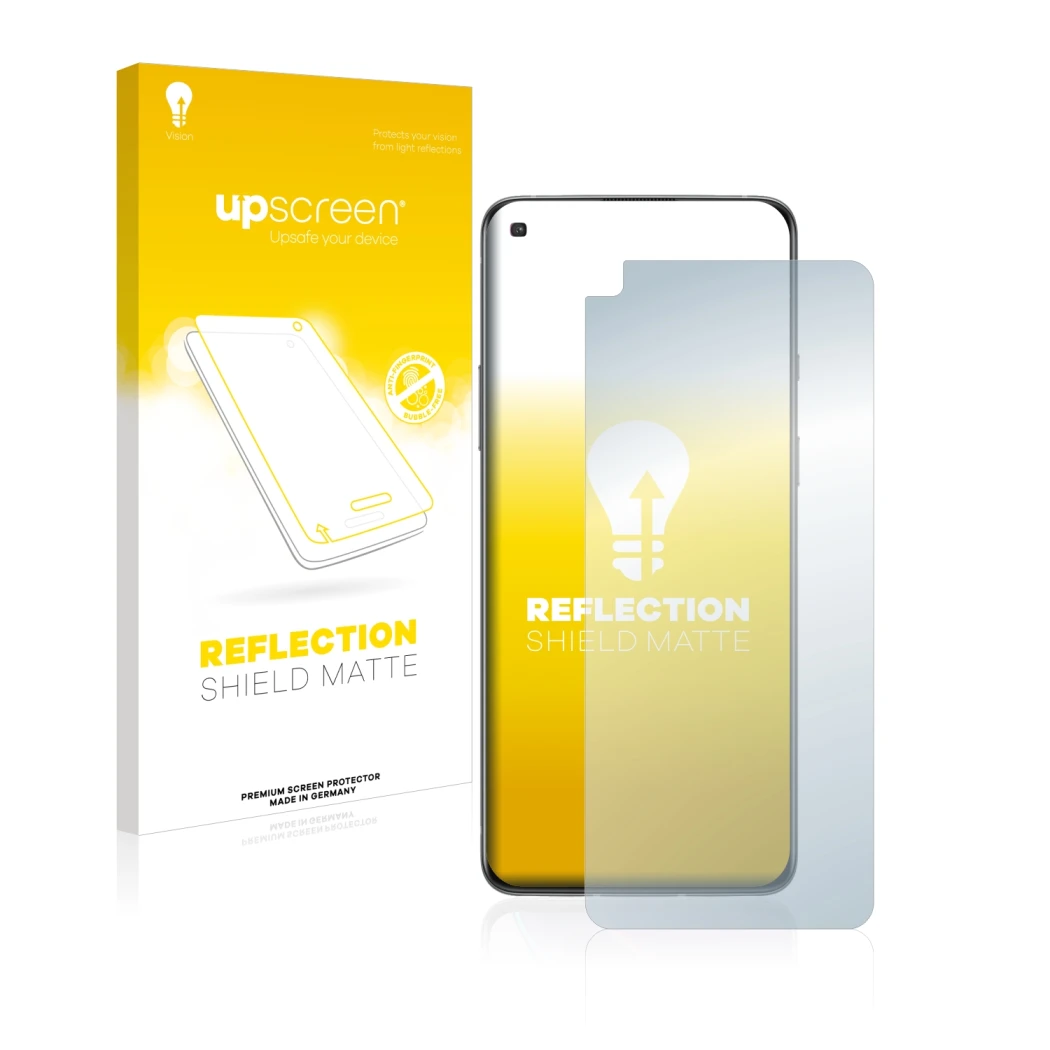 Face avant d’un emballage produit avec le logo de la marque upscreen. À côté, l’appareil OnePlus 8T est représenté avec la pro