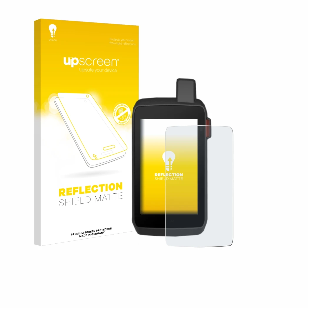 Face avant d’un emballage produit avec le logo de la marque upscreen. À côté, l’appareil Garmin Montana 700 est représenté ave