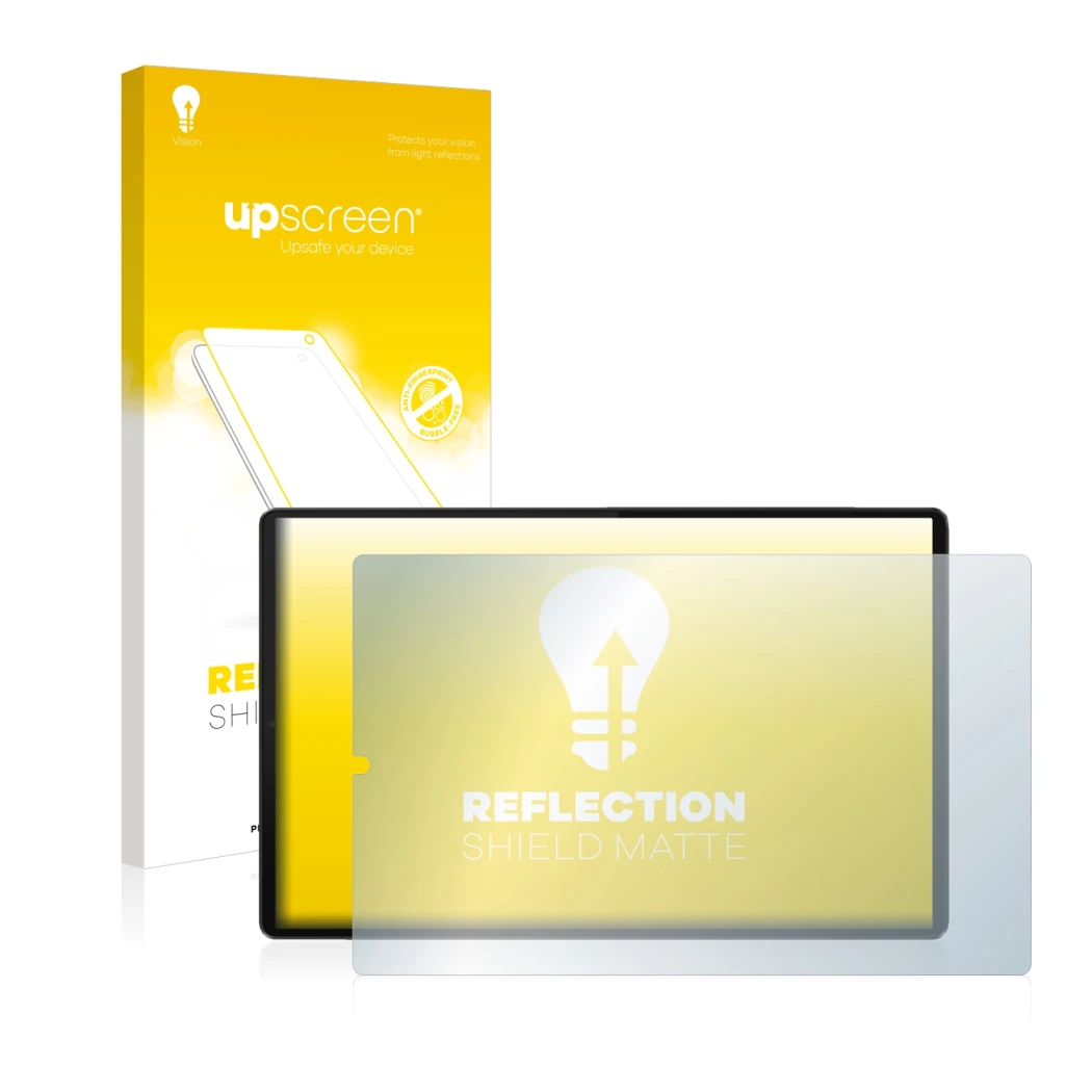 Face avant d’un emballage produit avec le logo de la marque upscreen. À côté, l’appareil Lenovo Tab M10 FHD Plus (en paysage) 