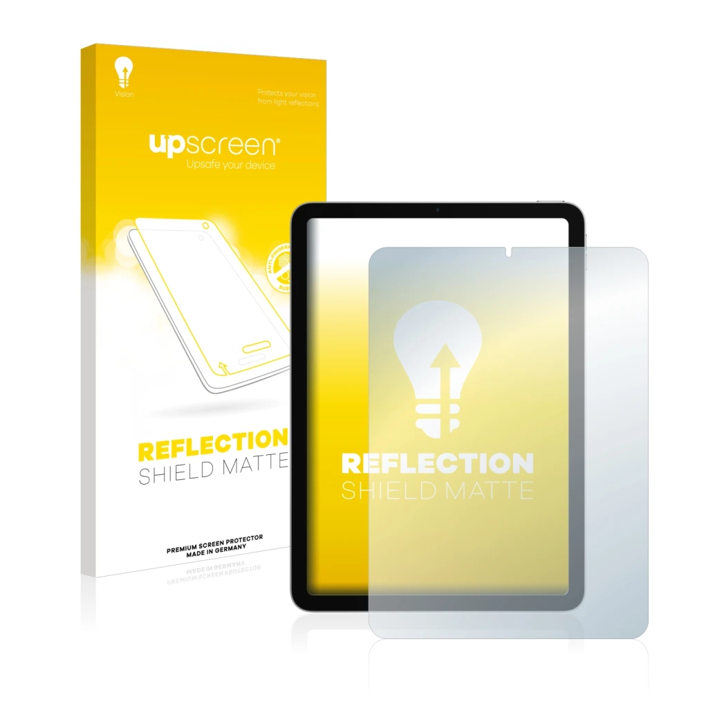 Face avant d’un emballage produit avec le logo de la marque upscreen. À côté, l’appareil Apple iPad Air 4 2020 (4ème Gen.) est