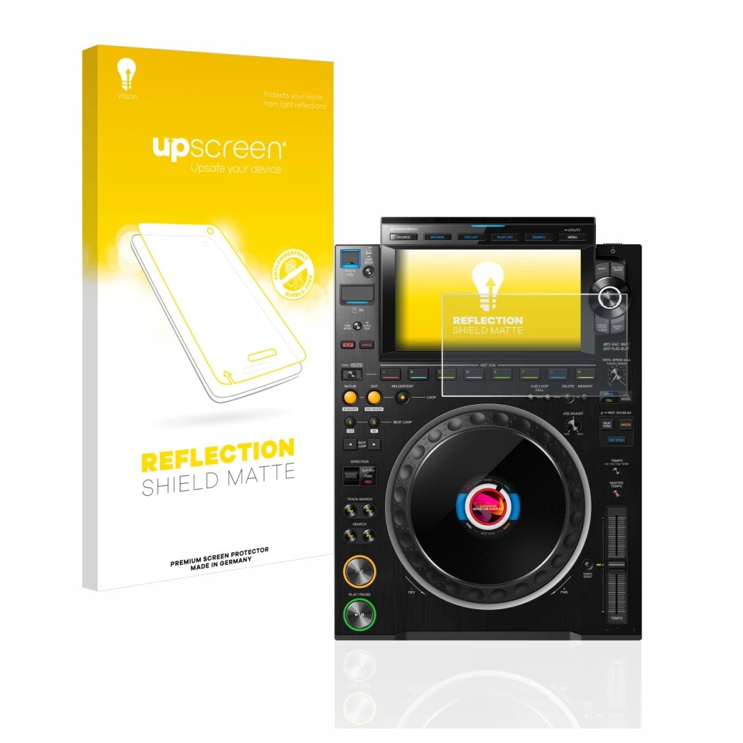 Face avant d’un emballage produit avec le logo de la marque upscreen. À côté, l’appareil Pioneer CDJ 3000 est représenté avec 
