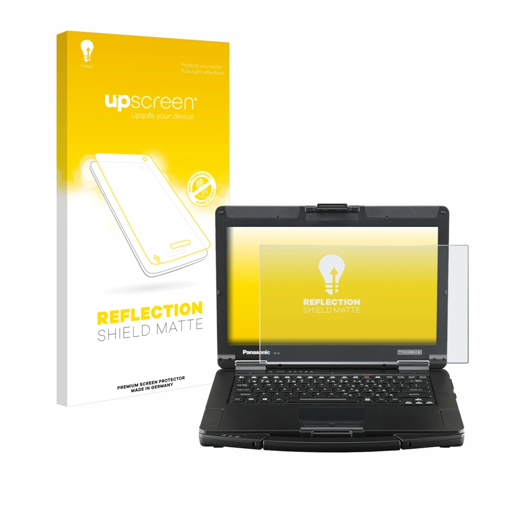 Face avant d’un emballage produit avec le logo de la marque upscreen. À côté, l’appareil Panasonic Toughbook FZ-55 Full HD est