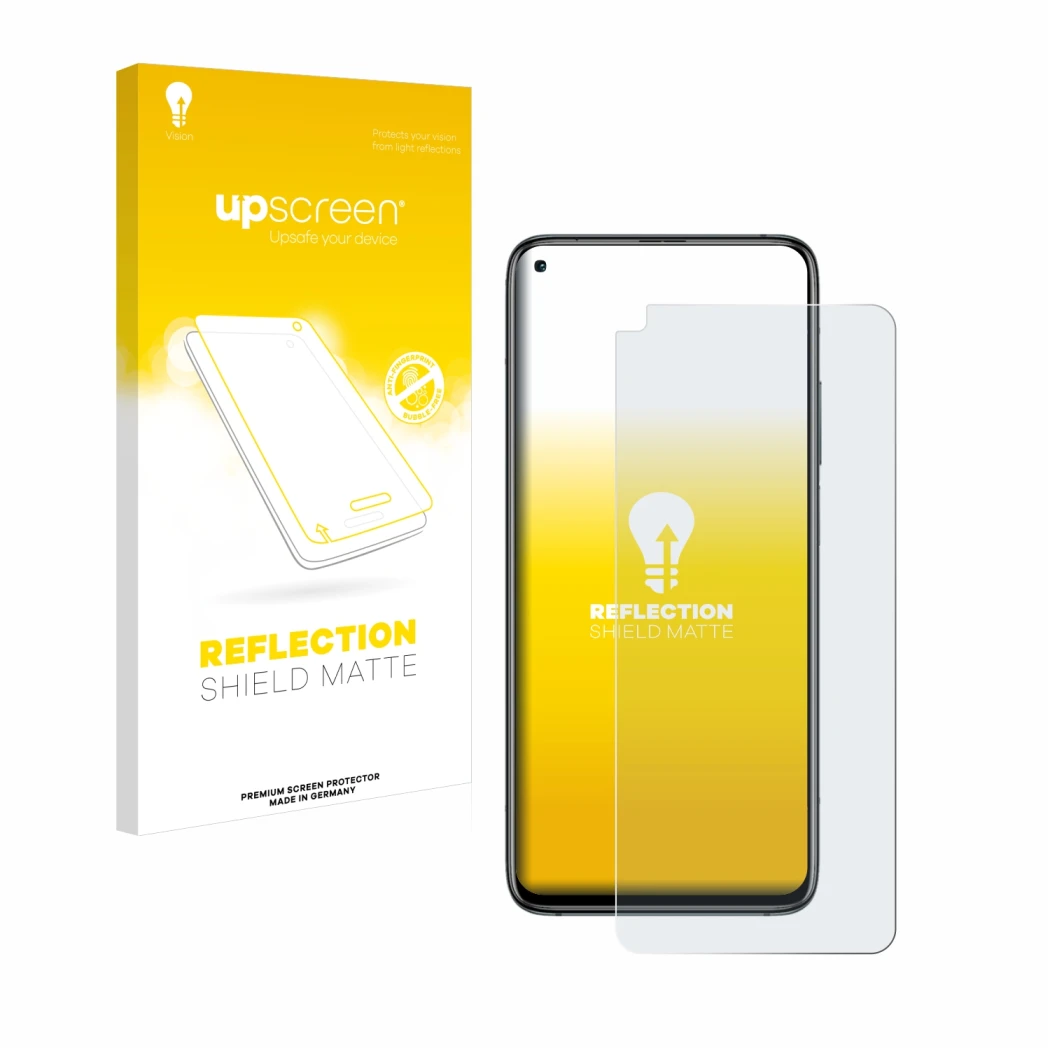 Face avant d’un emballage produit avec le logo de la marque upscreen. À côté, l’appareil Xiaomi Mi 10T Pro 5G est représenté a