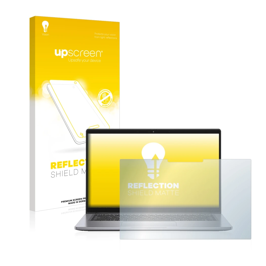 Face avant d’un emballage produit avec le logo de la marque upscreen. À côté, l’appareil Dell Latitude 7410 2-in-1 est représe
