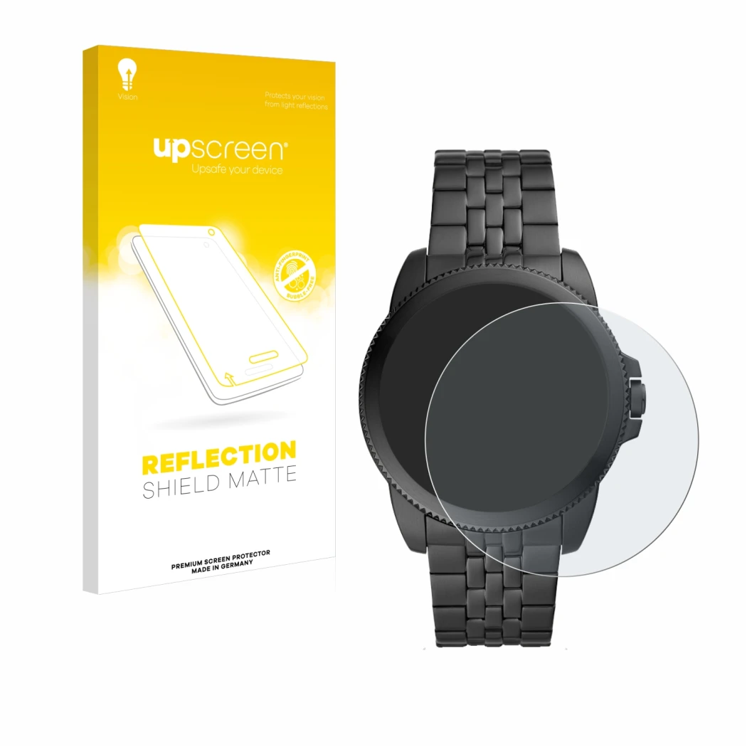 Face avant d’un emballage produit avec le logo de la marque upscreen. À côté, l’appareil Fossil Gen 5E est représenté avec la