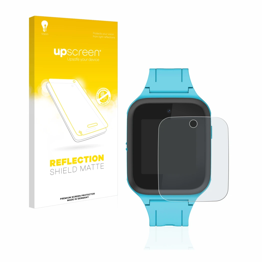 Face avant d’un emballage produit avec le logo de la marque upscreen. À côté, l’appareil TCL Movetime FamilyWatch Kids MT40X e