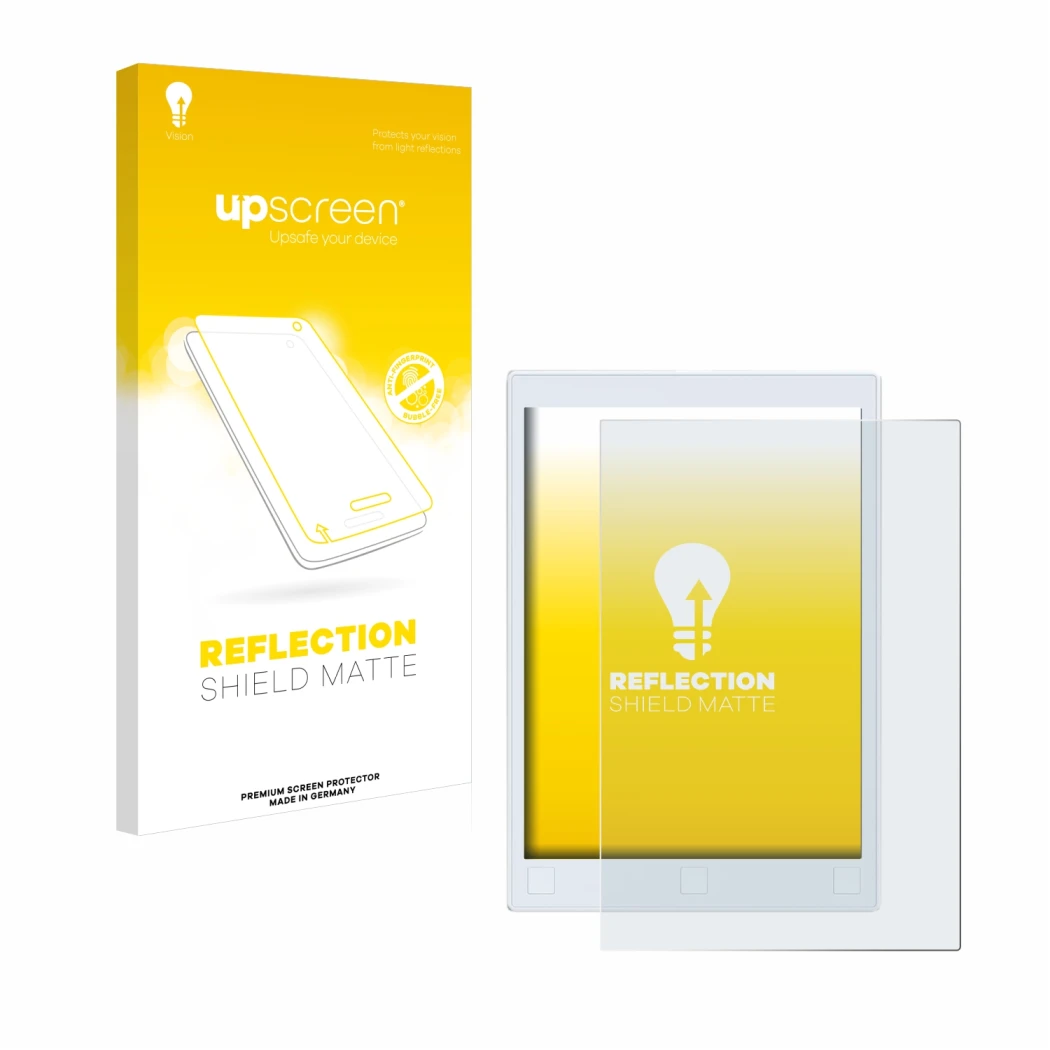 Face avant d’un emballage produit avec le logo de la marque upscreen. À côté, l’appareil reMarkable 2 est représenté avec la p