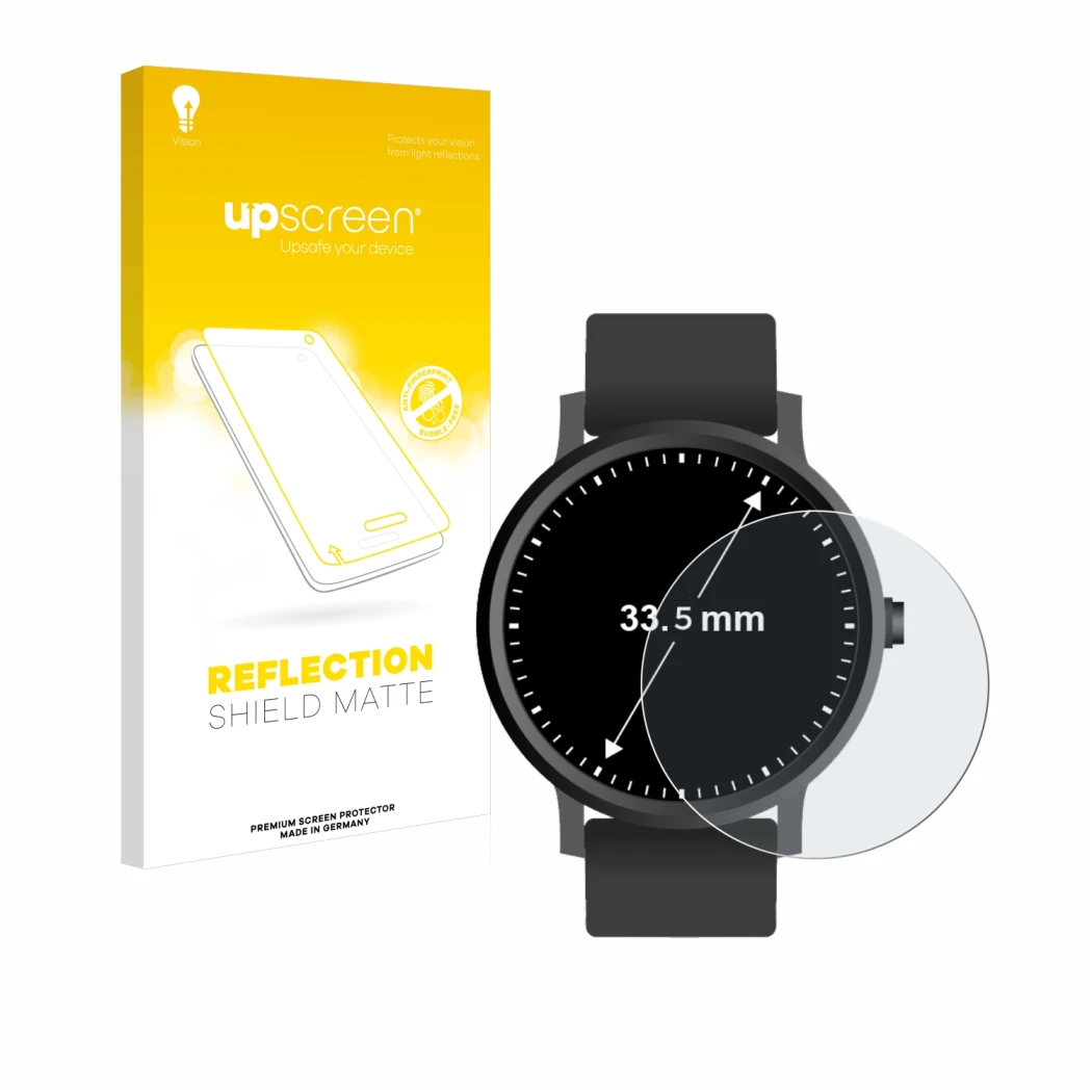 Face avant d’un emballage produit avec le logo de la marque upscreen. À côté, l’appareil Montres (Circulaire, ø: 33.5 mm) est