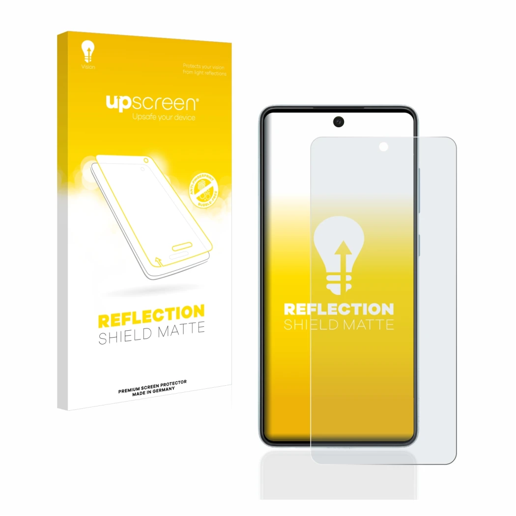 Face avant d’un emballage produit avec le logo de la marque upscreen. À côté, l’appareil Samsung Galaxy A52 5G est représenté