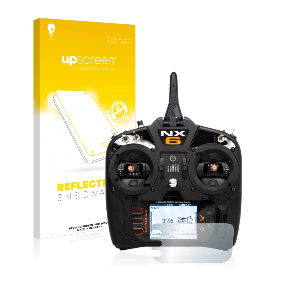 Face avant d’un emballage produit avec le logo de la marque upscreen. À côté, l’appareil Spektrum NX6 est représenté avec la p