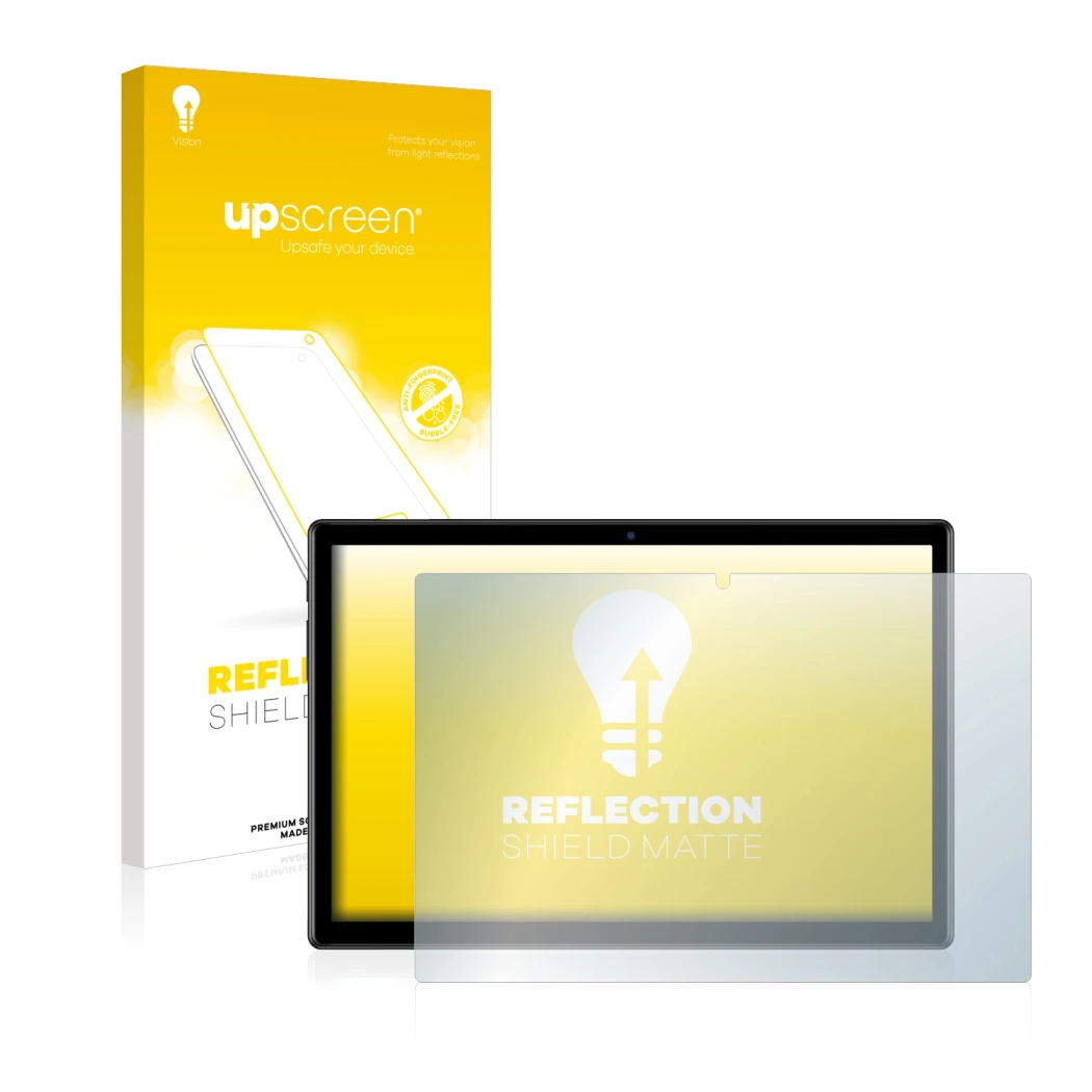 Face avant d’un emballage produit avec le logo de la marque upscreen. À côté, l’appareil Teclast M40 (en paysage) est représen