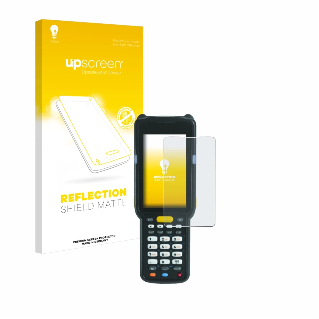 Face avant d’un emballage produit avec le logo de la marque upscreen. À côté, l’appareil Zebra MC3300X est représenté avec la