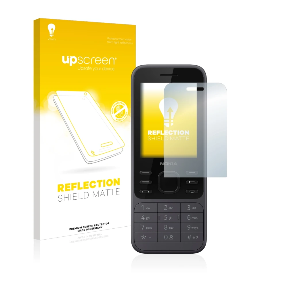 Face avant d’un emballage produit avec le logo de la marque upscreen. À côté, l’appareil Nokia 6300 2020 est représenté avec l