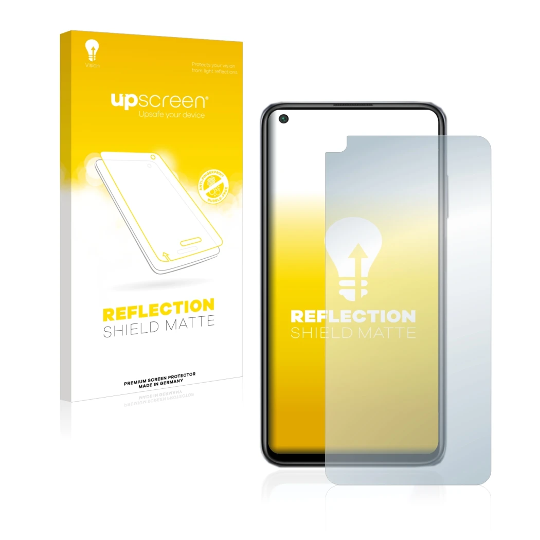 Face avant d’un emballage produit avec le logo de la marque upscreen. À côté, l’appareil Xiaomi Redmi Note 9T 5G est représent