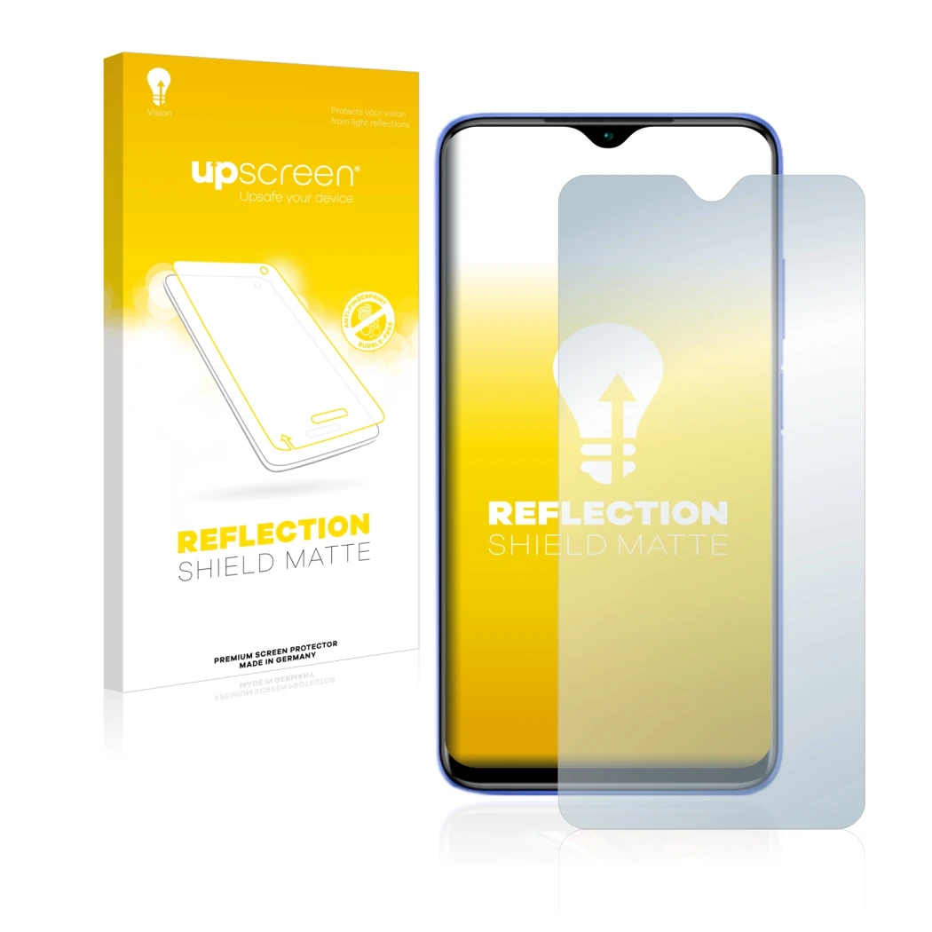 Face avant d’un emballage produit avec le logo de la marque upscreen. À côté, l’appareil Xiaomi Redmi 9T est représenté avec l