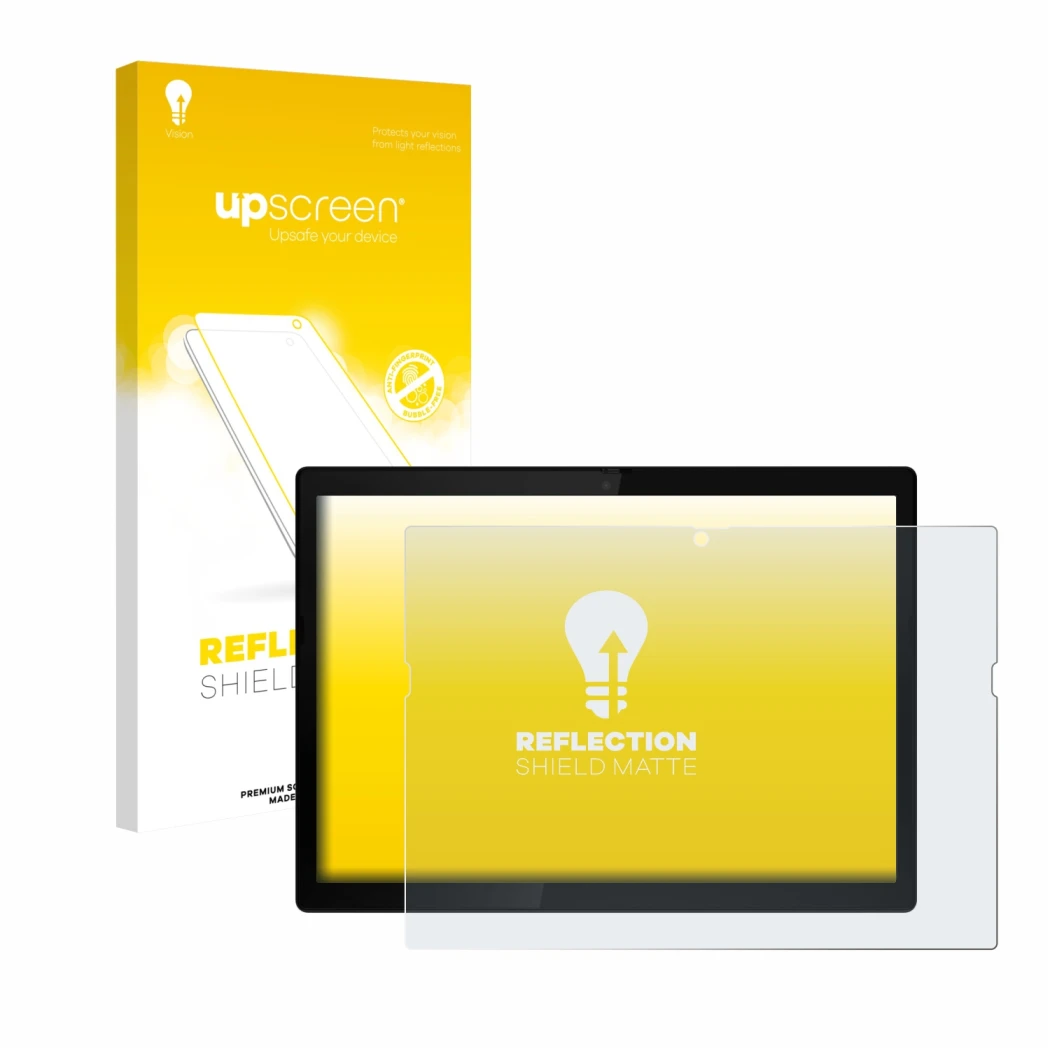 Face avant d’un emballage produit avec le logo de la marque upscreen. À côté, l’appareil Lenovo ThinkPad X12 Gen 1 est représe