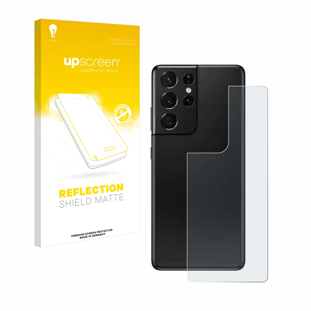 Face avant d’un emballage produit avec le logo de la marque upscreen. À côté, l’appareil Samsung Galaxy S21 Ultra 5G (Arrière)