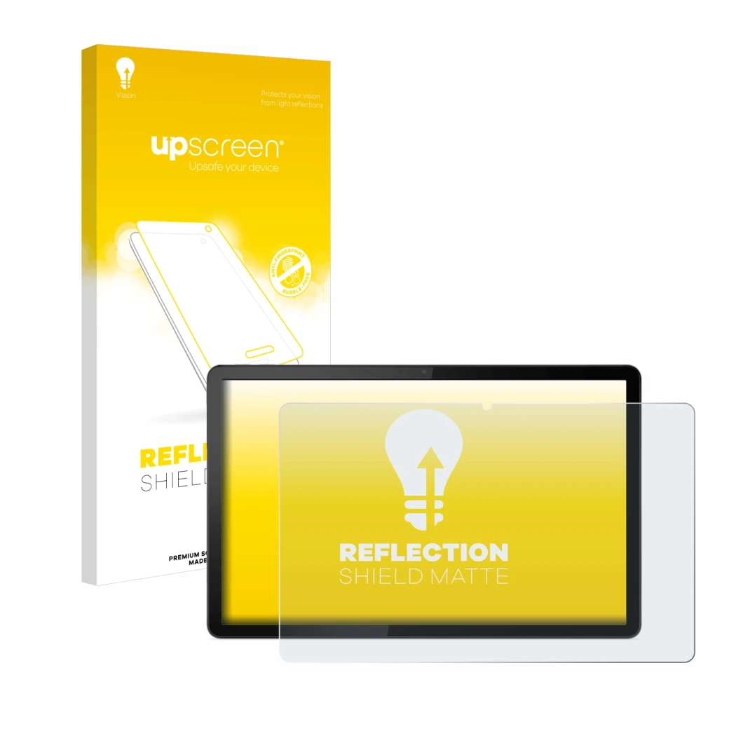 Face avant d’un emballage produit avec le logo de la marque upscreen. À côté, l’appareil Lenovo Tab P11 (en paysage) est repré