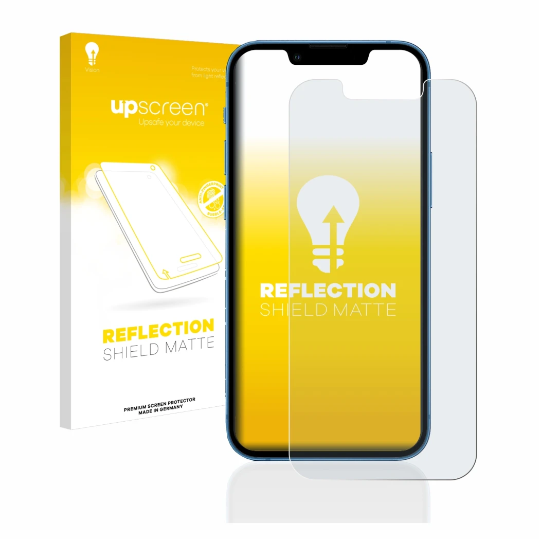 Face avant d’un emballage produit avec le logo de la marque upscreen. À côté, l’appareil Apple iPhone 13 mini est représenté a