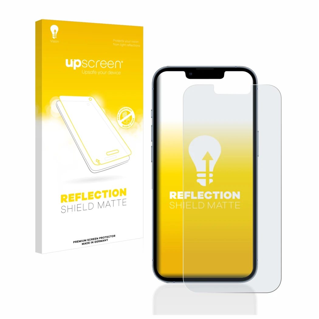 Face avant d’un emballage produit avec le logo de la marque upscreen. À côté, l’appareil Apple iPhone 13 Pro est représenté av