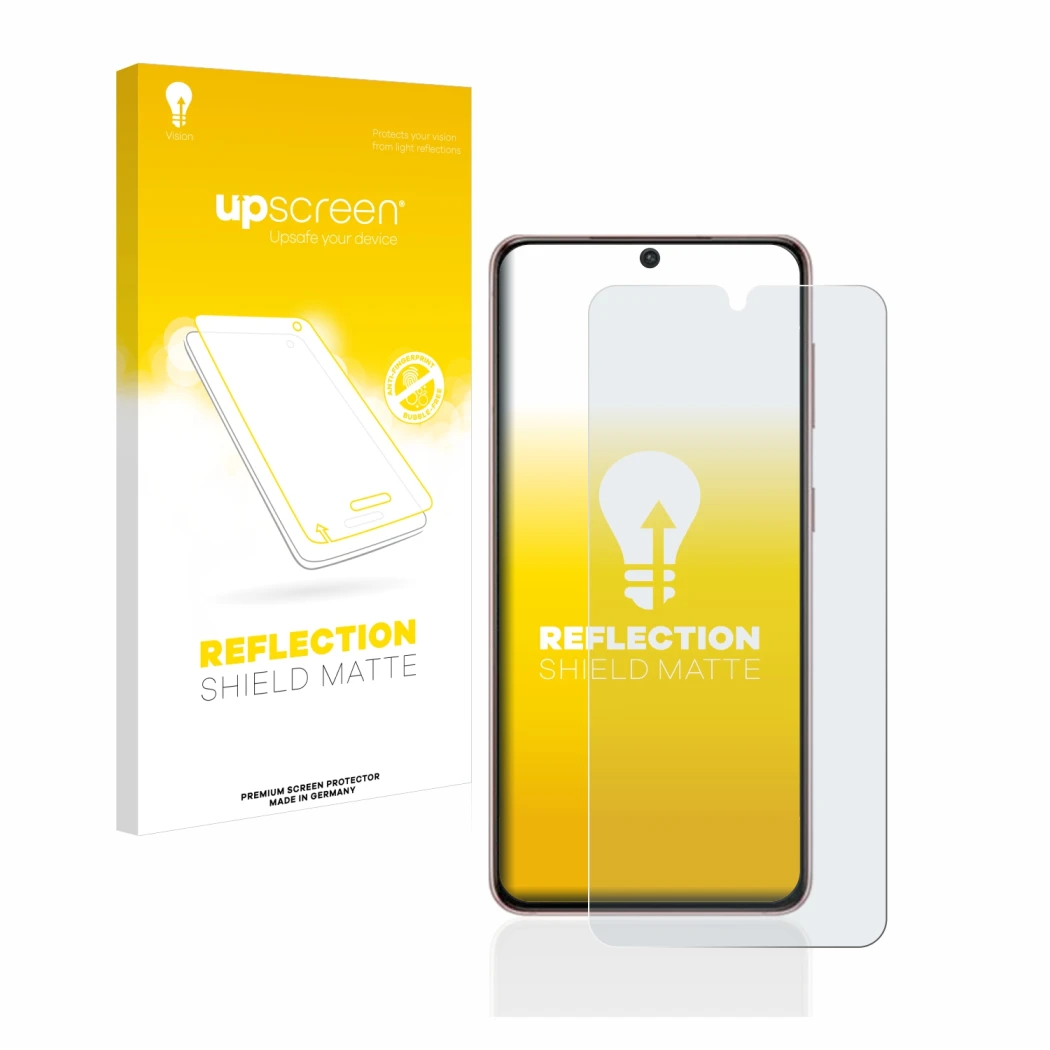 Face avant d’un emballage produit avec le logo de la marque upscreen. À côté, l’appareil Samsung Galaxy S21 est représenté ave