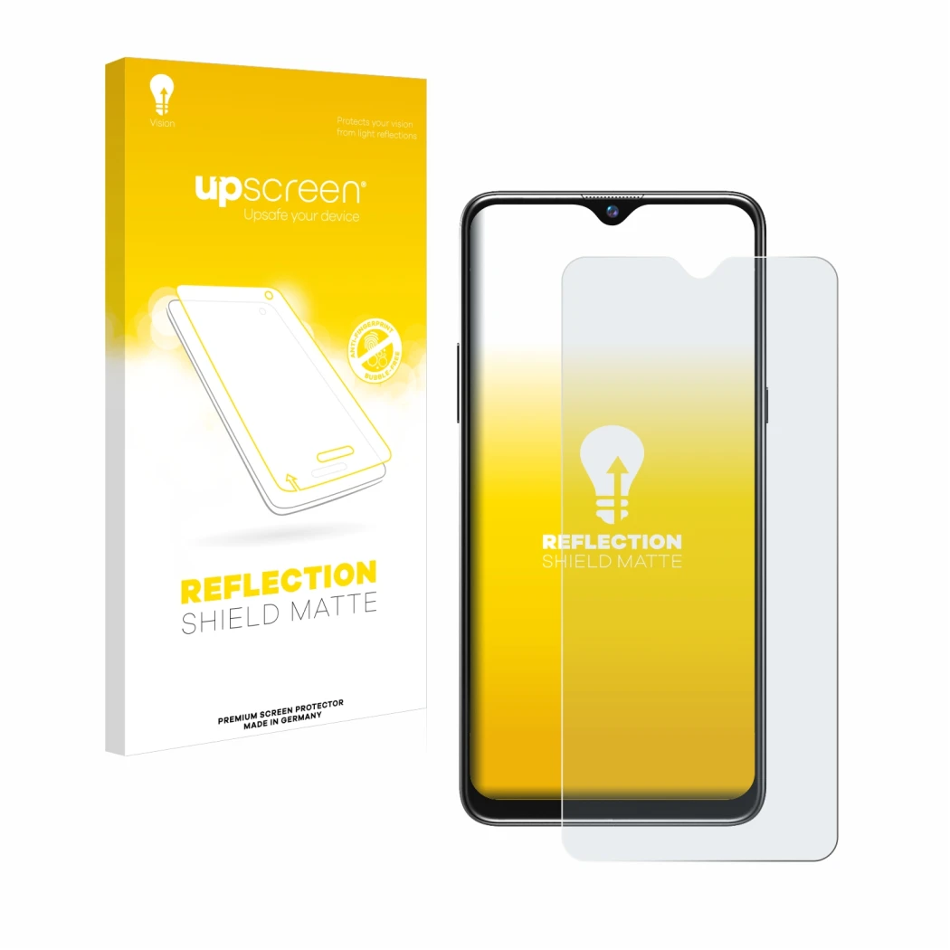 Face avant d’un emballage produit avec le logo de la marque upscreen. À côté, l’appareil Blackview A80s est représenté avec la