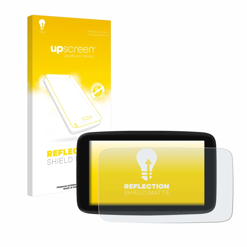 Face avant d’un emballage produit avec le logo de la marque upscreen. À côté, l’appareil TomTom GO Discover 7