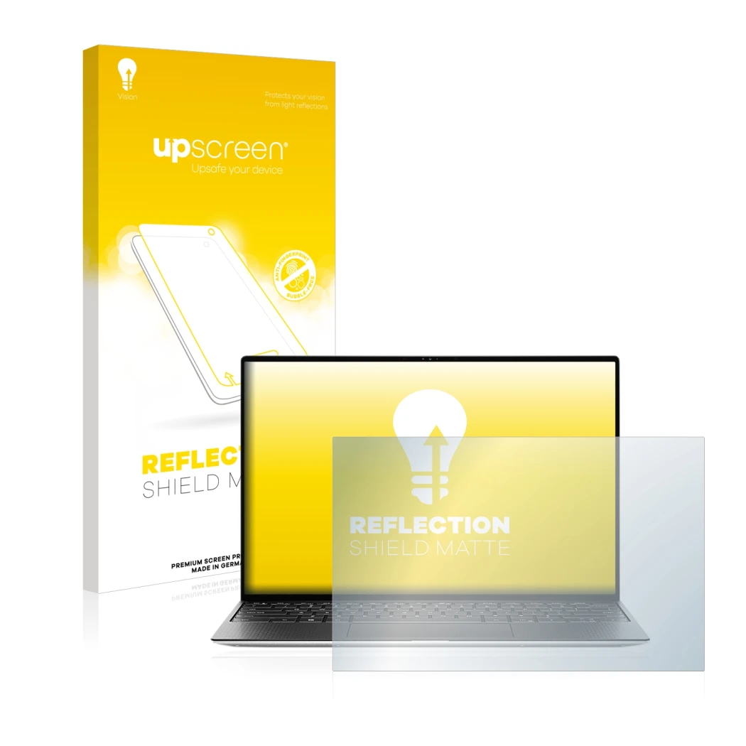 Face avant d’un emballage produit avec le logo de la marque upscreen. À côté, l’appareil Dell XPS 13 9310 Non-touch est représ