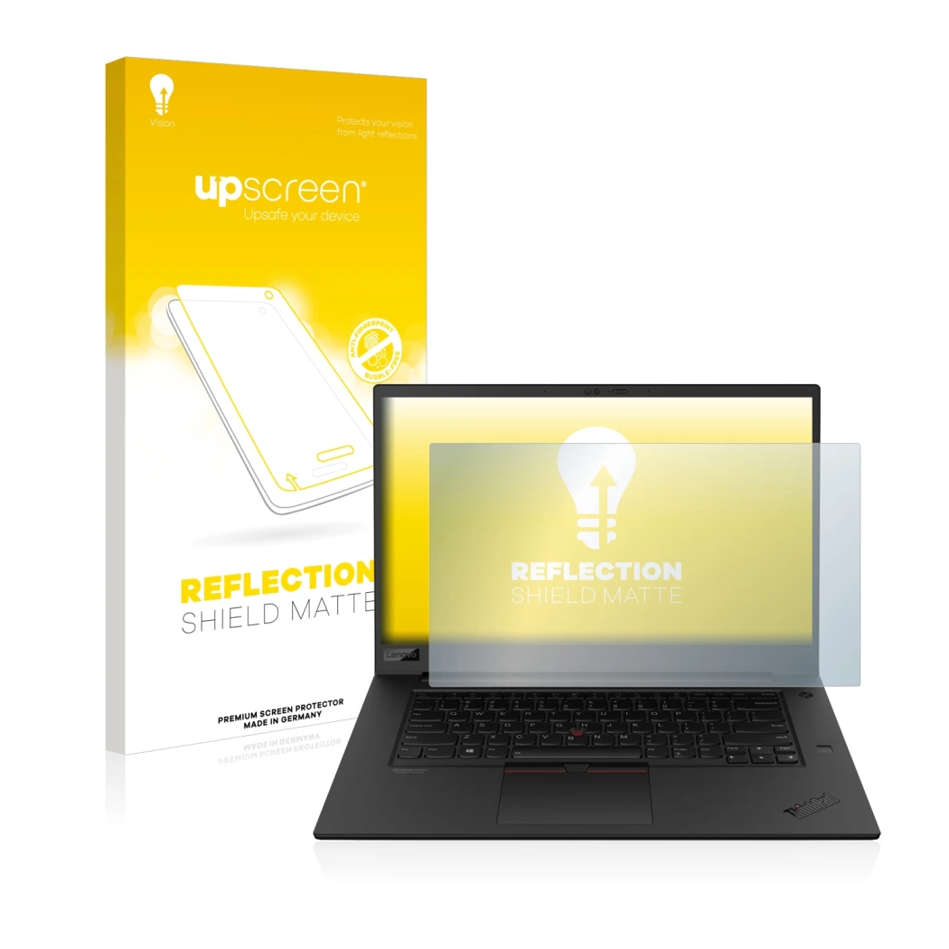 Face avant d’un emballage produit avec le logo de la marque upscreen. À côté, l’appareil Lenovo ThinkPad P1 Gen 3 est représen