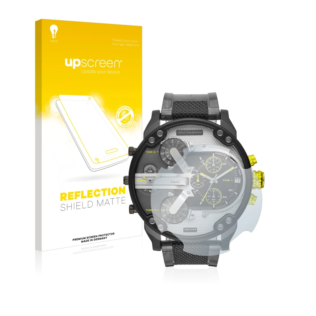 Face avant d’un emballage produit avec le logo de la marque upscreen. À côté, l’appareil Diesel DZ7422 Mr. Daddy 2.0 est repré