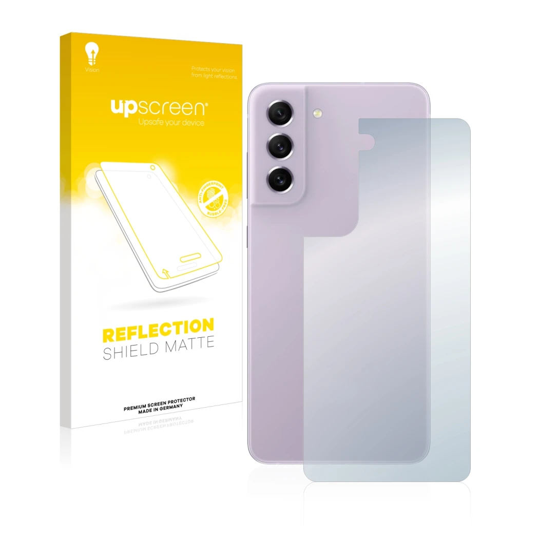 Face avant d’un emballage produit avec le logo de la marque upscreen. À côté, l’appareil Samsung Galaxy S21 FE 5G (Arrière) es