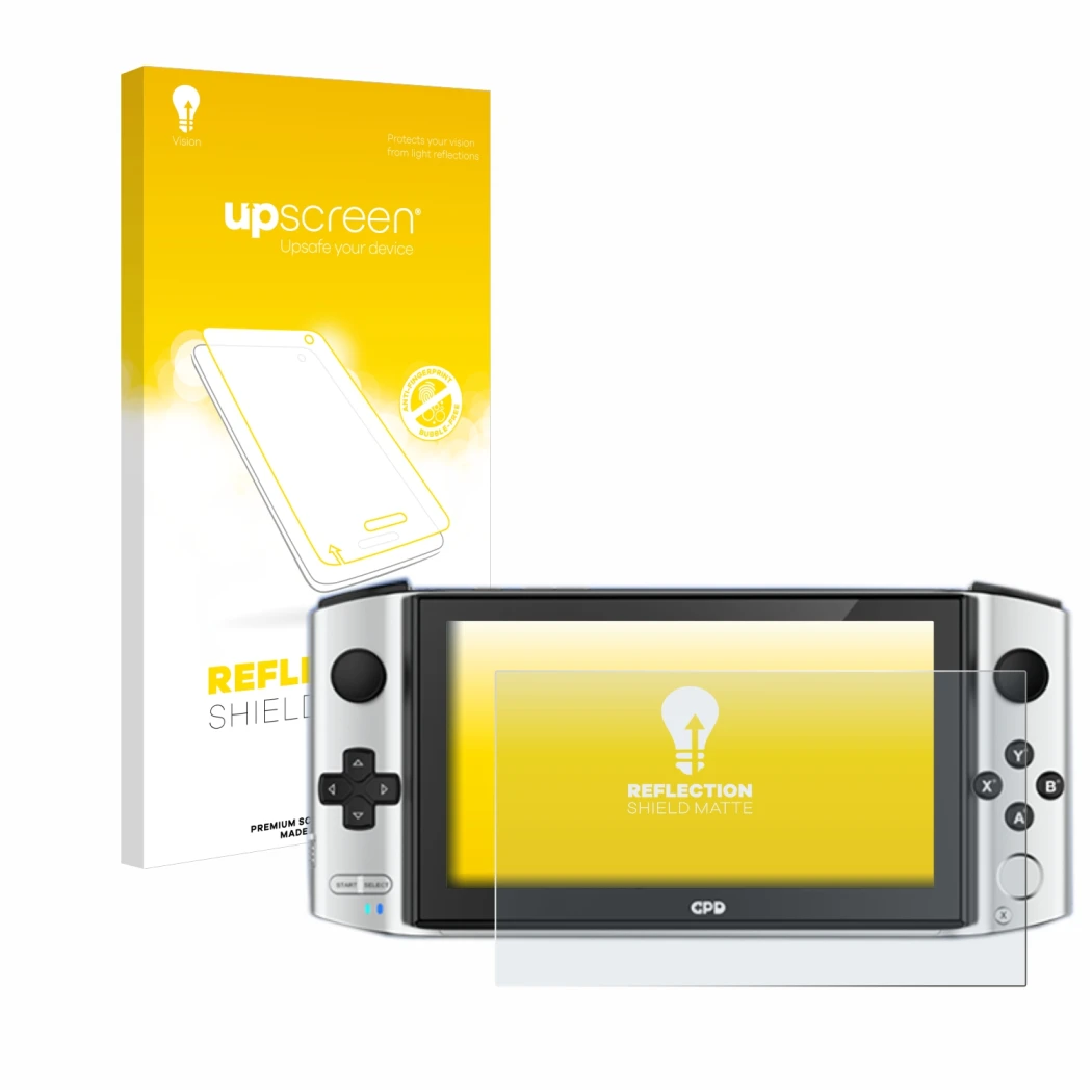 Face avant d’un emballage produit avec le logo de la marque upscreen. À côté, l’appareil GPD Win 3 est représenté avec la prot