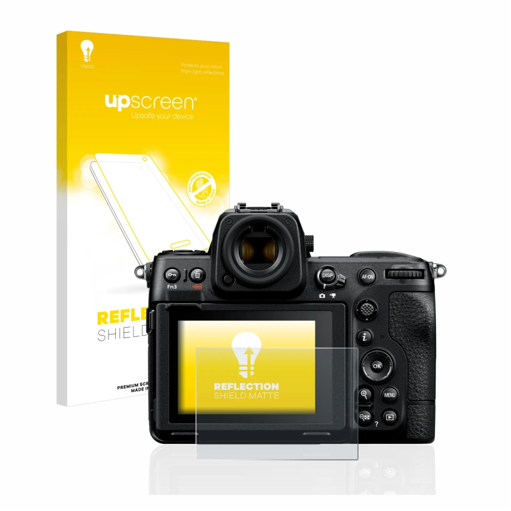 Face avant d’un emballage produit avec le logo de la marque upscreen. À côté, l’appareil Nikon Z 8 est représenté avec la prot