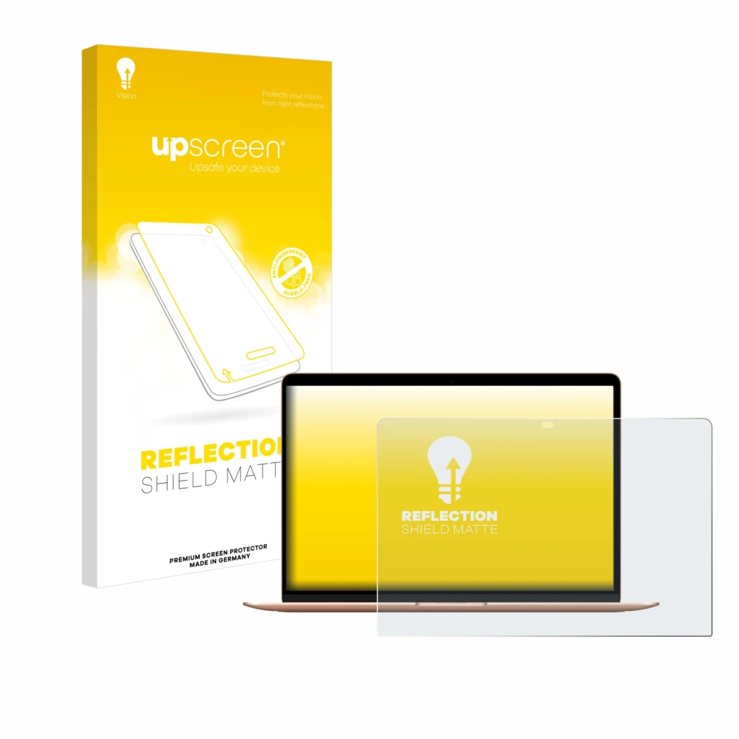 Face avant d’un emballage produit avec le logo de la marque upscreen. À côté, l’appareil Apple MacBook Air M1 2020 est représe