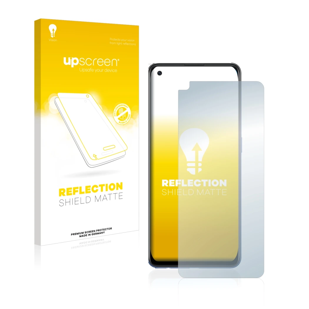 Face avant d’un emballage produit avec le logo de la marque upscreen. À côté, l’appareil Oppo A74 est représenté avec la prote