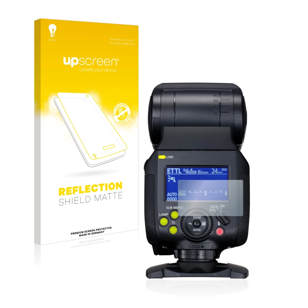 Face avant d’un emballage produit avec le logo de la marque upscreen. À côté, l’appareil Canon Speedlite EL-1 est représenté a