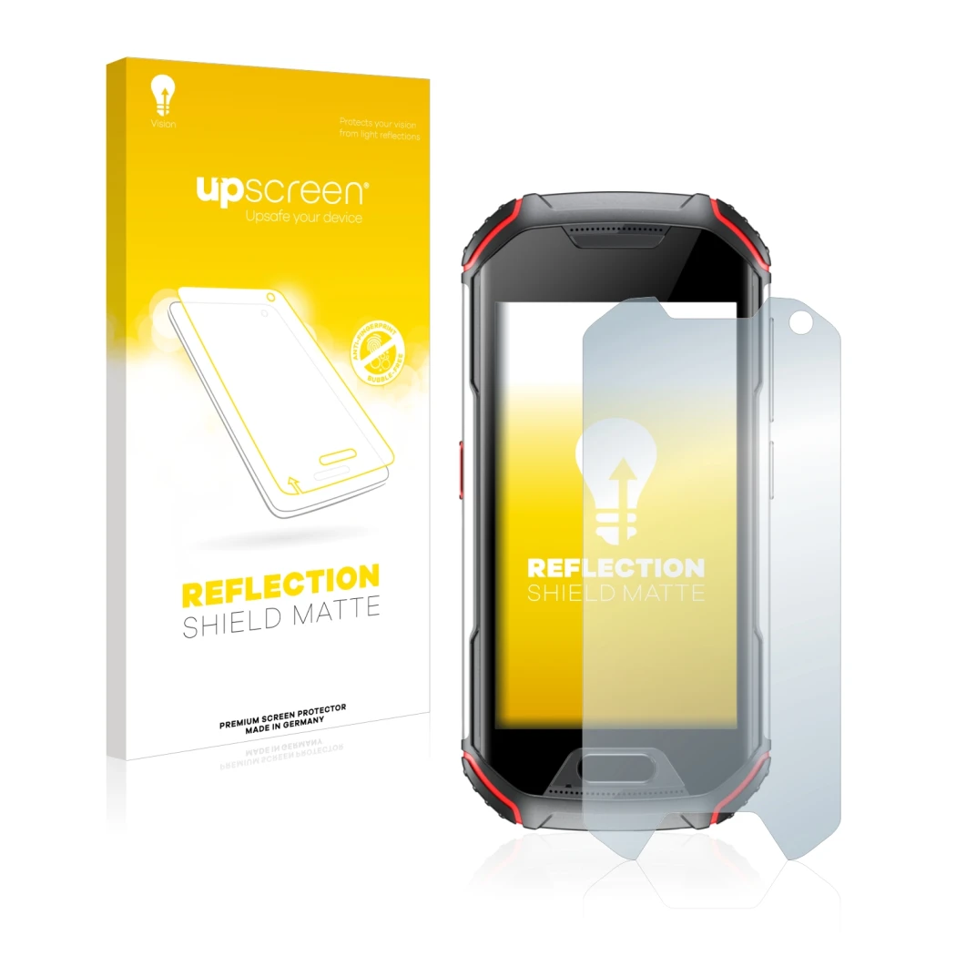 Face avant d’un emballage produit avec le logo de la marque upscreen. À côté, l’appareil Unihertz Atom XL est représenté avec
