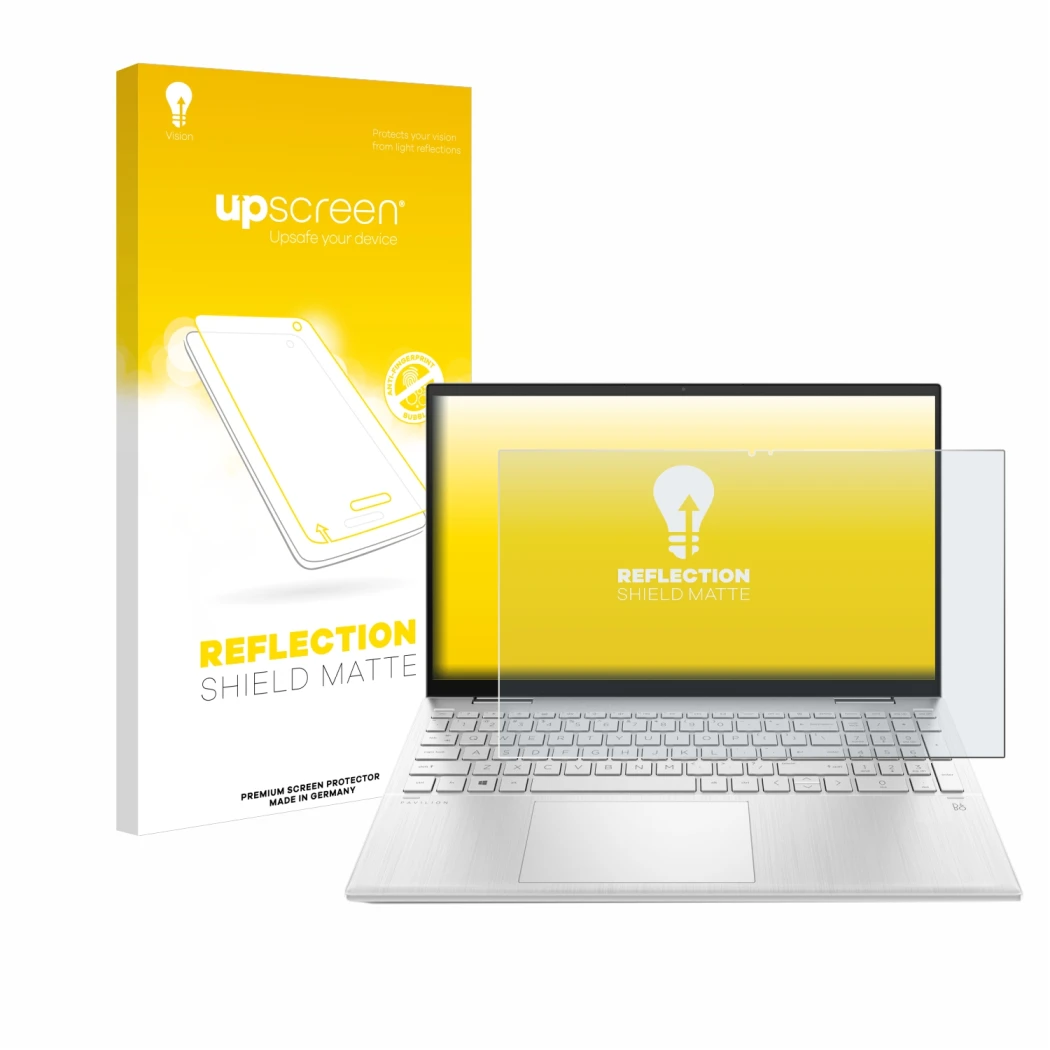 Face avant d’un emballage produit avec le logo de la marque upscreen. À côté, l’appareil HP Pavilion x360 (15-erX) est représe