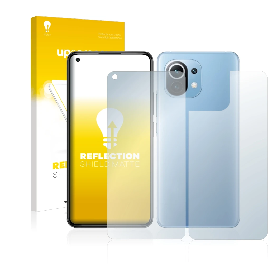 Face avant d’un emballage produit avec le logo de la marque upscreen. À côté, l’appareil Xiaomi Mi 11 Lite 5G (Avant+Arrière) 