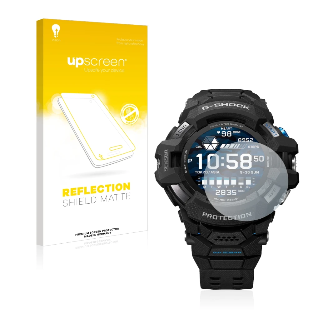 Face avant d’un emballage produit avec le logo de la marque upscreen. À côté, l’appareil Casio G-Shock GSW-H1000 est représent