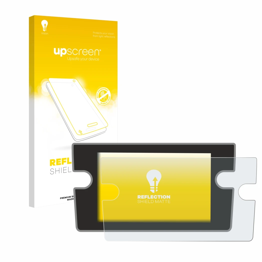 Face avant d’un emballage produit avec le logo de la marque upscreen. À côté, l’appareil Volkswagen Golf 7 2018 Composition Me