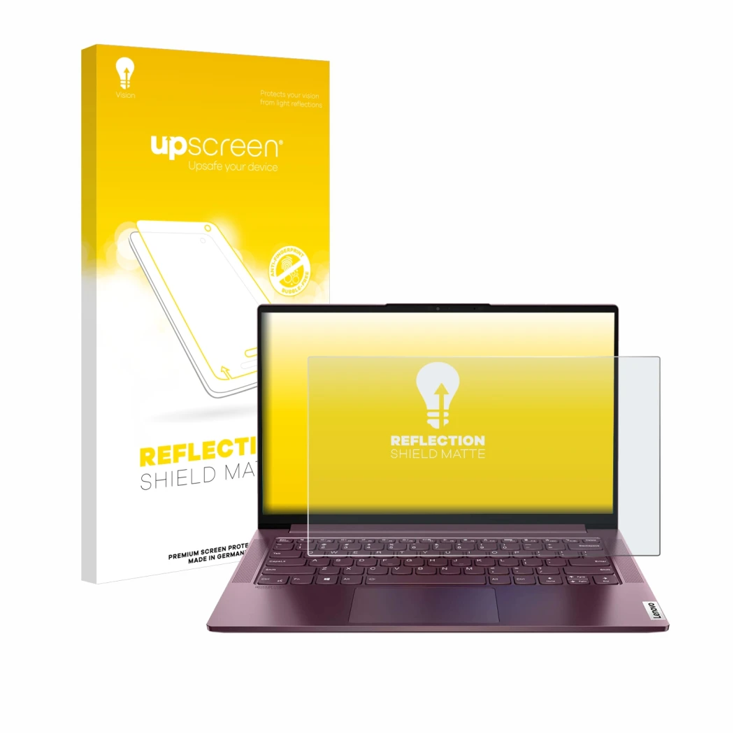 Face avant d’un emballage produit avec le logo de la marque upscreen. À côté, l’appareil Lenovo Yoga Slim 7 14