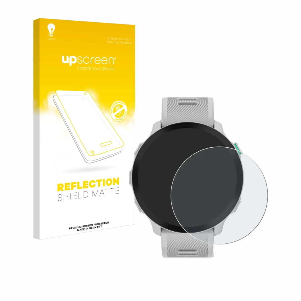 Face avant d’un emballage produit avec le logo de la marque upscreen. À côté, l’appareil Garmin Forerunner 55 est représenté a