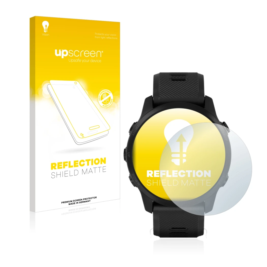 Face avant d’un emballage produit avec le logo de la marque upscreen. À côté, l’appareil Garmin Forerunner 945 LTE est représe