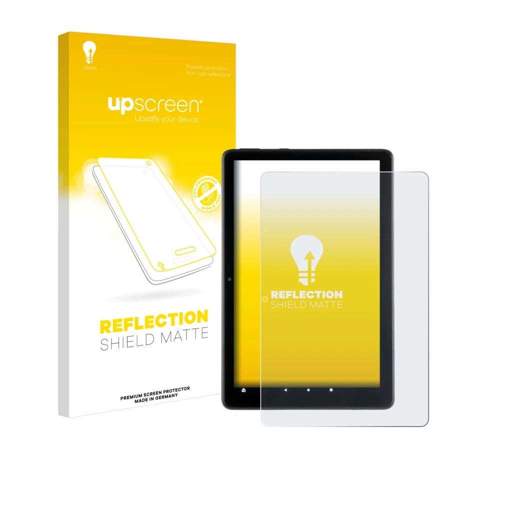 Face avant d’un emballage produit avec le logo de la marque upscreen. À côté, l’appareil Amazon Fire HD 10 2021 (11ème Gen.) e
