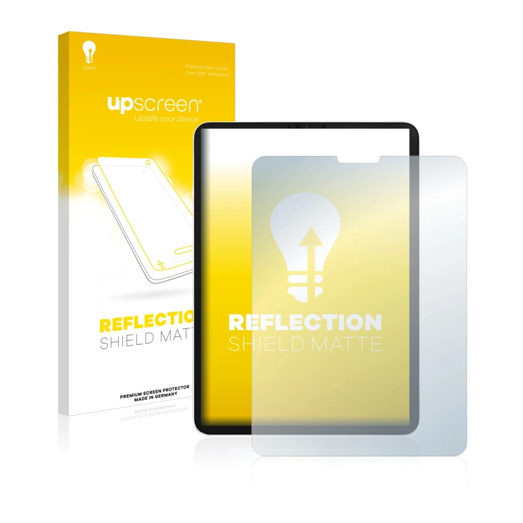 Face avant d’un emballage produit avec le logo de la marque upscreen. À côté, l’appareil Apple iPad Pro 11