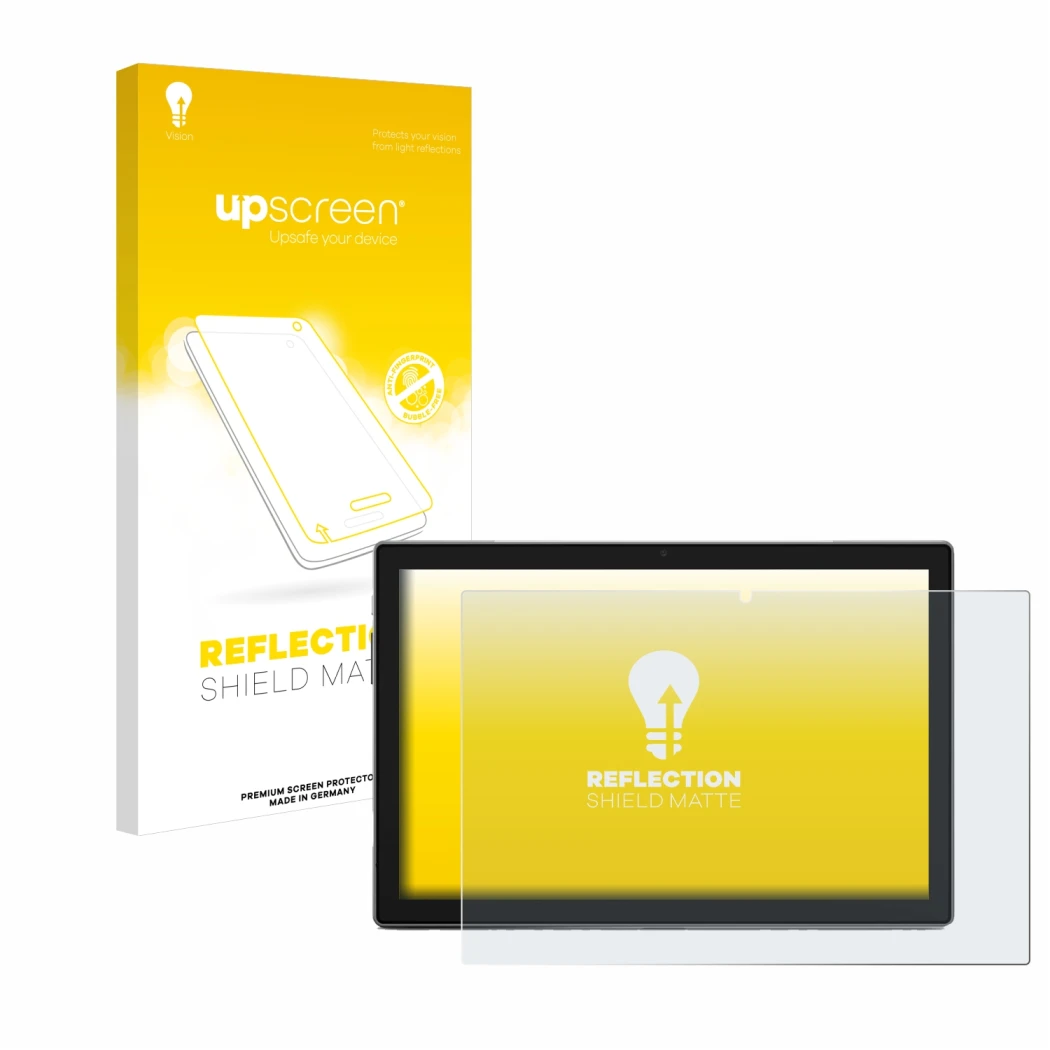 Face avant d’un emballage produit avec le logo de la marque upscreen. À côté, l’appareil Blackview Tab 9 est représenté avec l