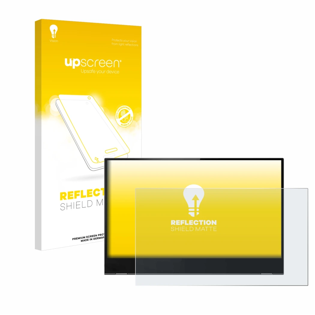 Face avant d’un emballage produit avec le logo de la marque upscreen. À côté, l’appareil Lenovo ThinkVision M14t est représent